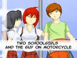 Two schoolgirls and the guy on motorcycle